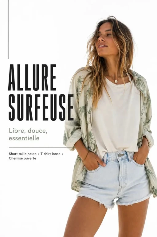Style surfeur femme avec short en jean, t-shirt loose et chemise imprimée ouverte