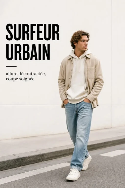 Style surfeur en ville avec jean droit, hoodie oversize et sneakers en toile