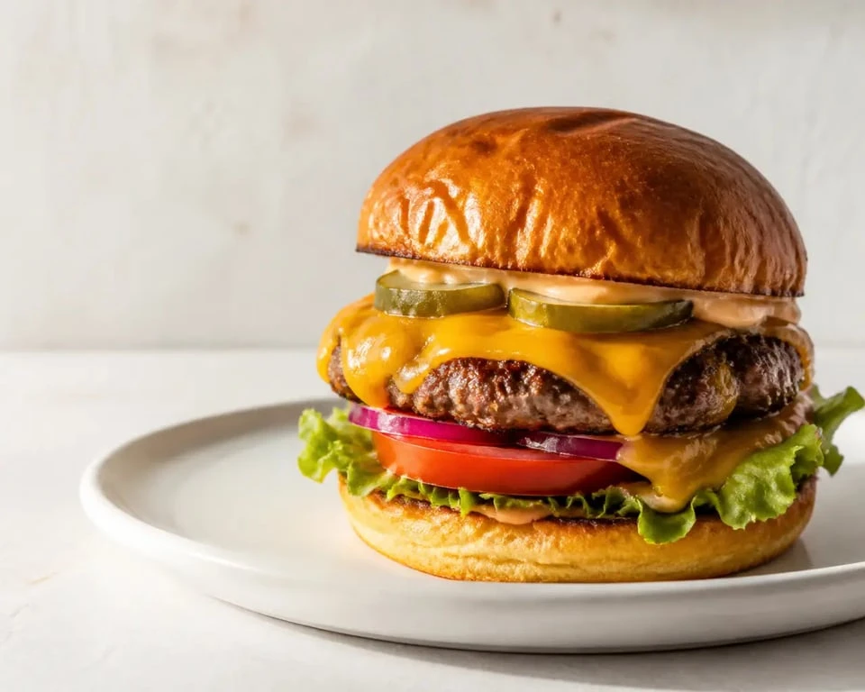 Cheddar burger maison appétissant en gros plan sur assiette sobre