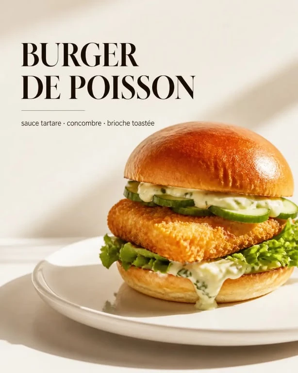 Burger au poisson doré avec sauce tartare et salade croquante