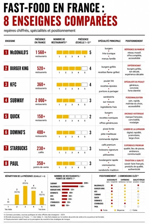 Comparatif des fast food connus en France avec chiffres clés, spécialités et positionnements