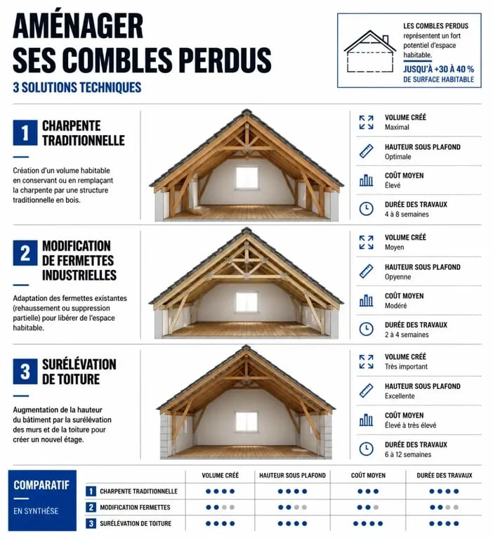 Infographie des solutions techniques pour aménager un comble perdu