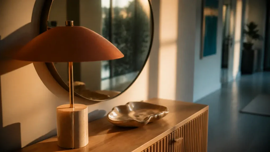 Objet original deco : console bois avec miroir rond et lampe design