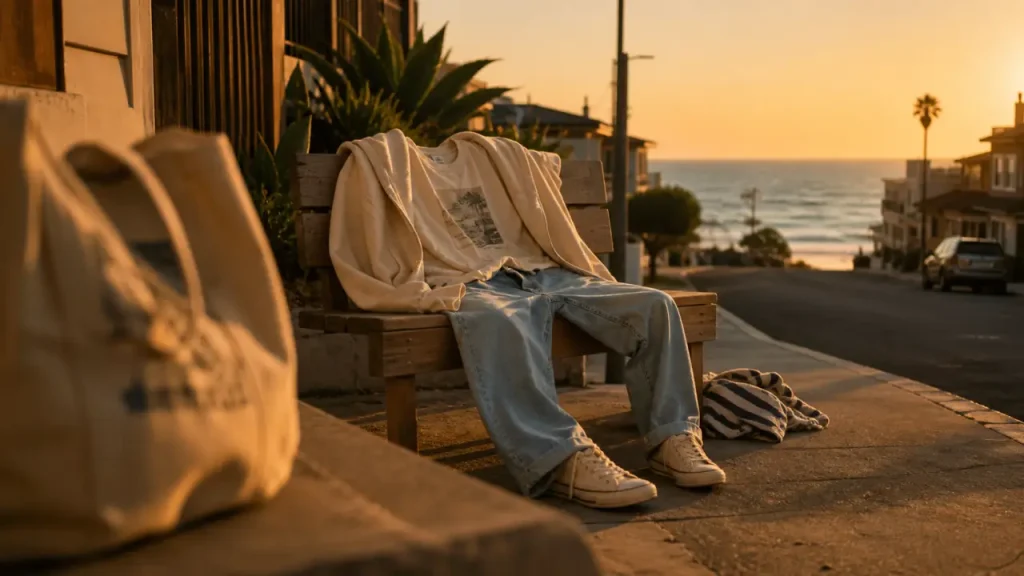 Style surfeur en ville : look loose, jean et hoodie sur trottoir
