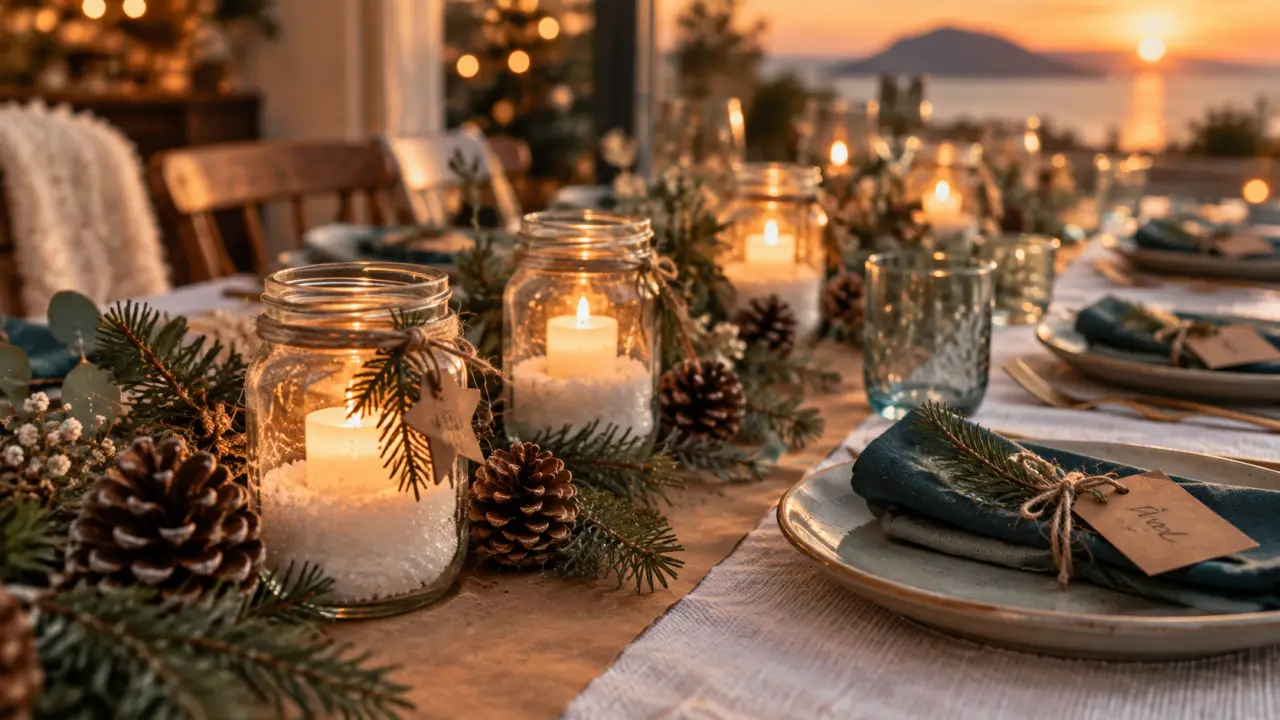 Déco table de Noël pas cher à faire soi même DIY récup : bocaux, bougies LED et kraft