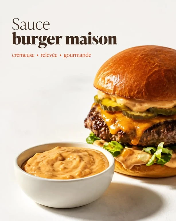 Sauce hamburger maison servie avec un burger gourmand sur table en bois