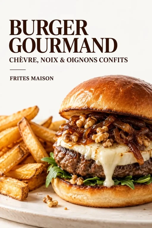 Burger gourmand au chèvre, noix et oignons confits avec frites maison