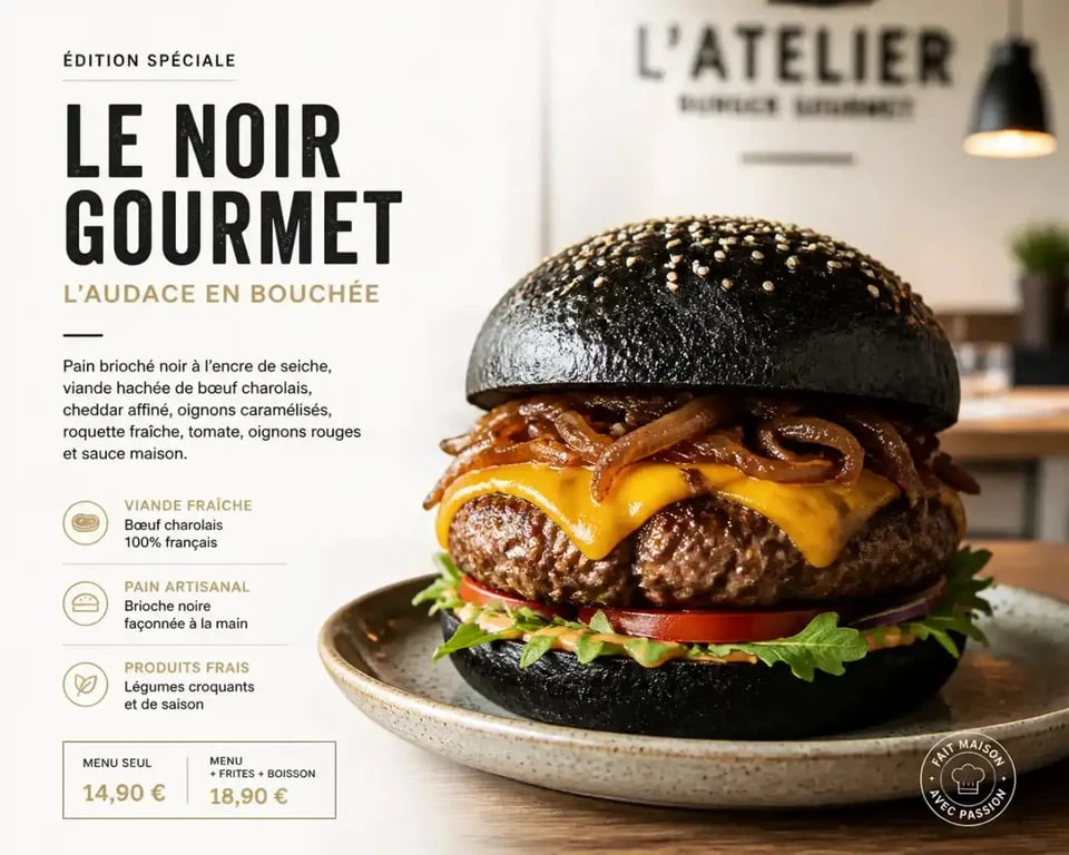 Burger artisanal Biggy's Burger à Dijon avec pain noir et ingrédients frais