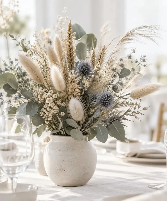 Détails de textures et de couleurs d’un centre de table fleurs séchées