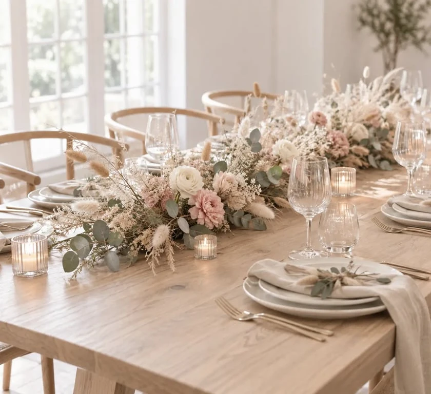 Centre de table fleurs séchées bohème sur une longue table de mariage