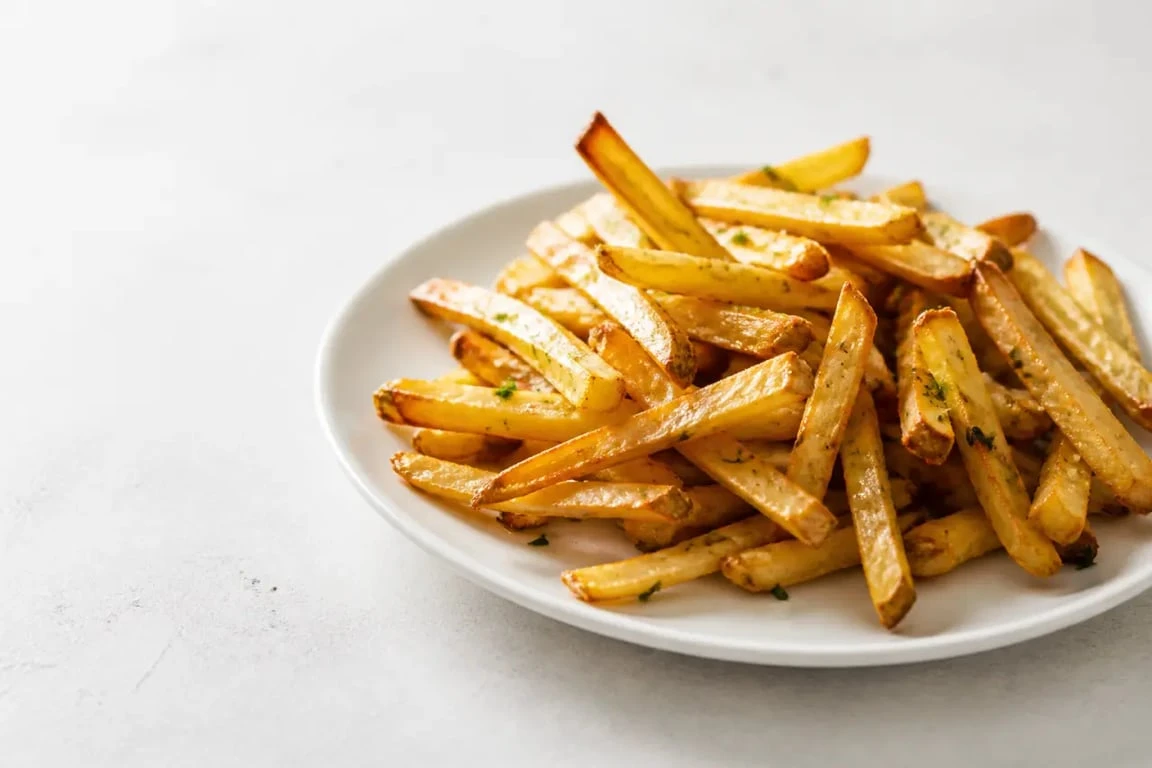 Recette des frites au four dorées et croustillantes sur assiette blanche
