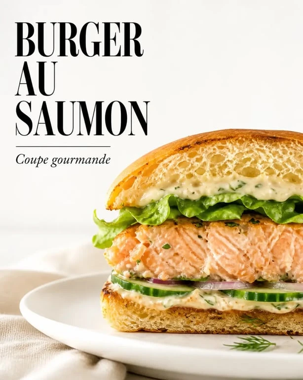 Burger saumon en coupe avec galette moelleuse, sauce et légumes croquants