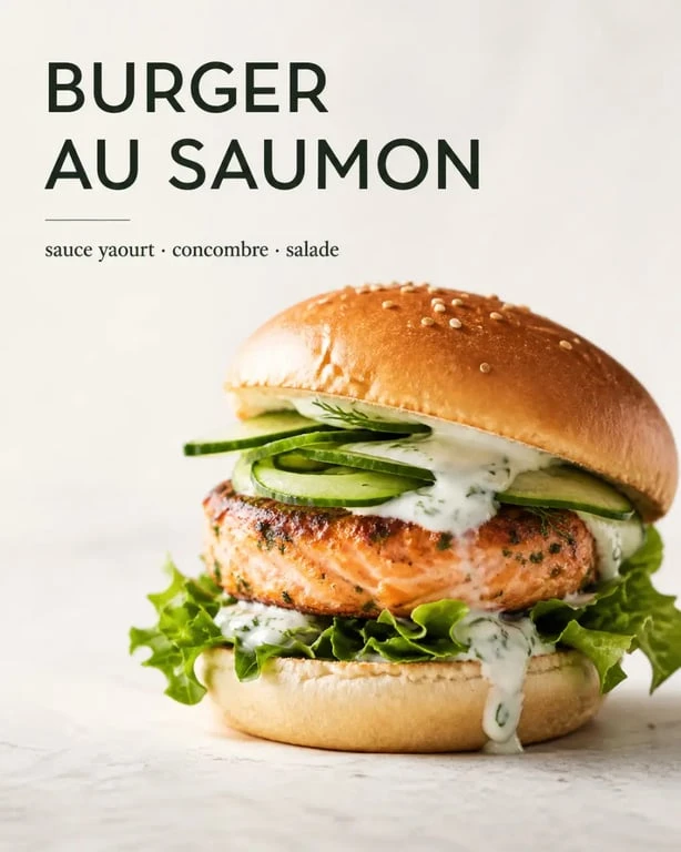 Burger saumon dressé et appétissant sur assiette, avec pain toasté, saumon doré et garnitures fraîches