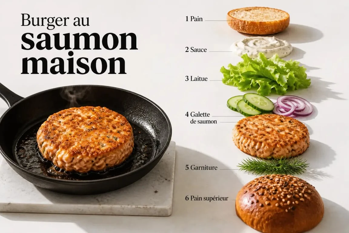 Burger saumon en préparation avec galette de saumon, sauce et garnitures fraîches