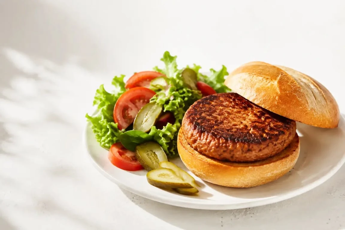 Steak végétal maison doré servi avec salade croquante et pain à burger