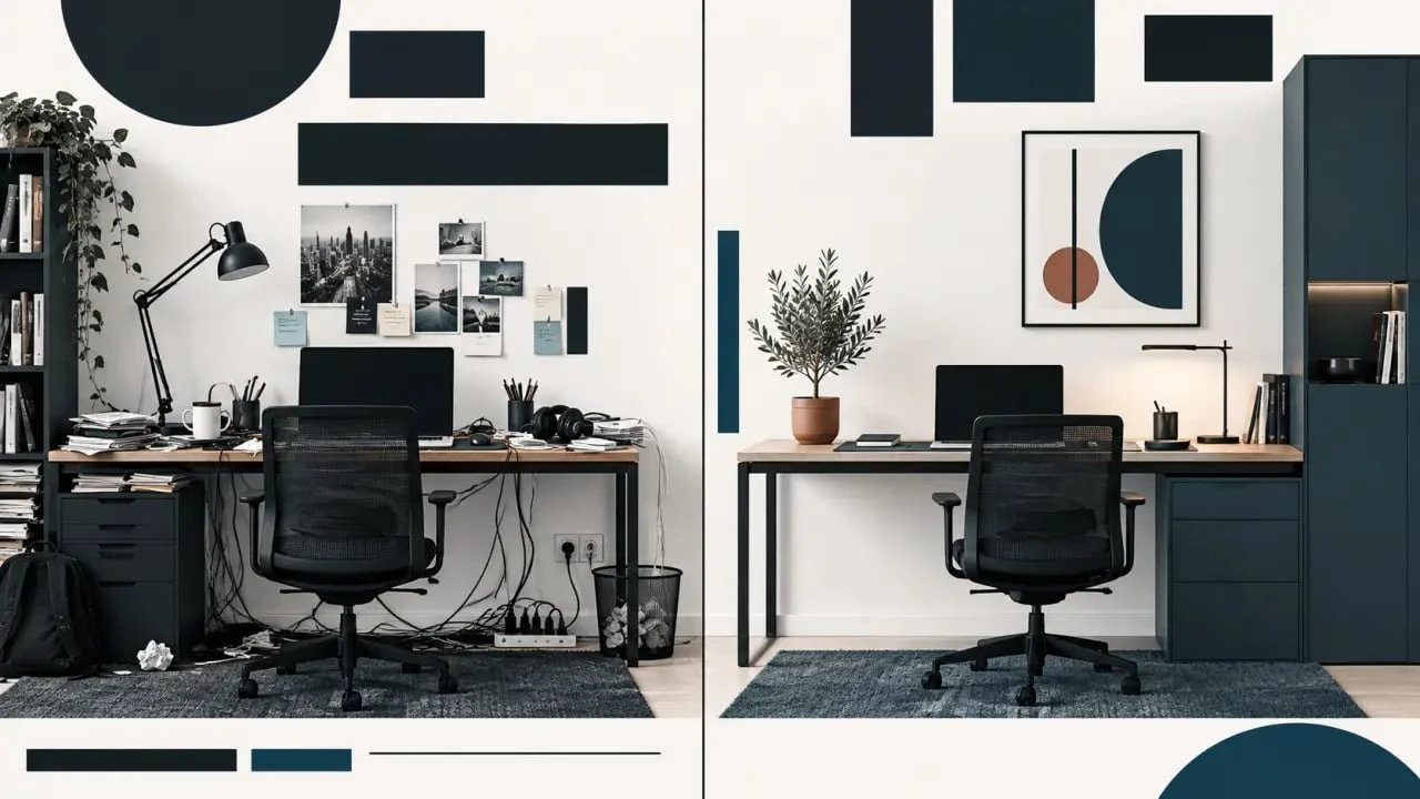 Déco pour bureau professionnel avec espace de télétravail organisé avant et après