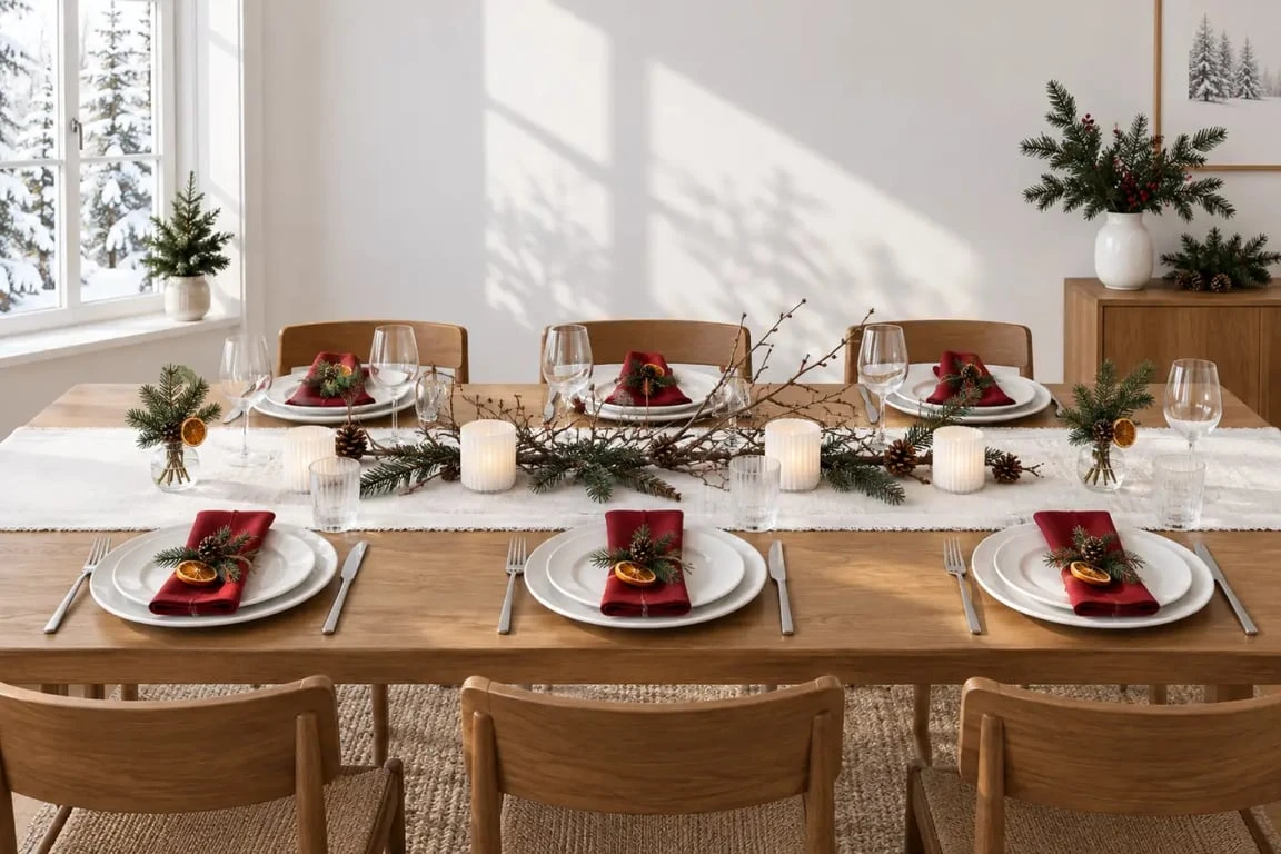 Table de Noël familiale avec déco table de noël pas cher à faire soi même et photophores LED
