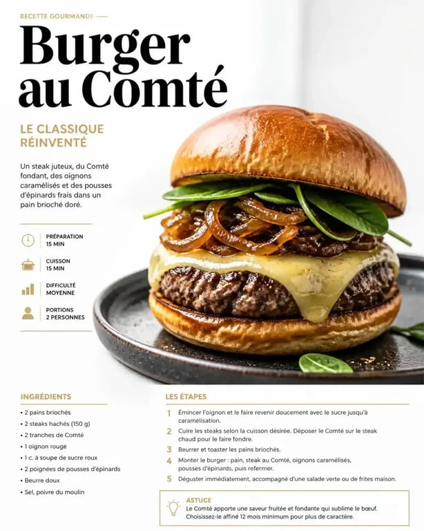 Burger maison gastronomique au Comté et moutarde de Dijon