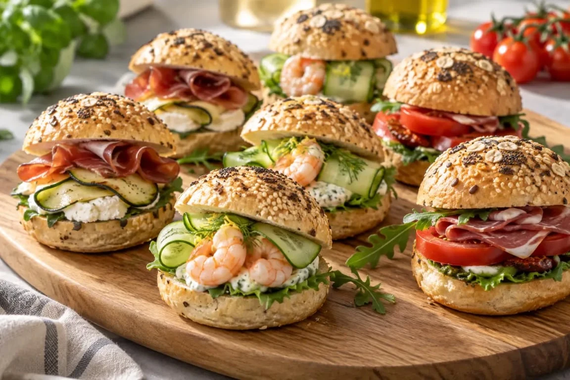 Recette mini burger apéro froid avec chèvre, crevettes et légumes sur un plateau
