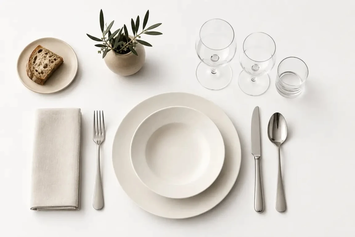 Dresser une table élégante vue de dessus avec assiettes, couverts et verres bien alignés