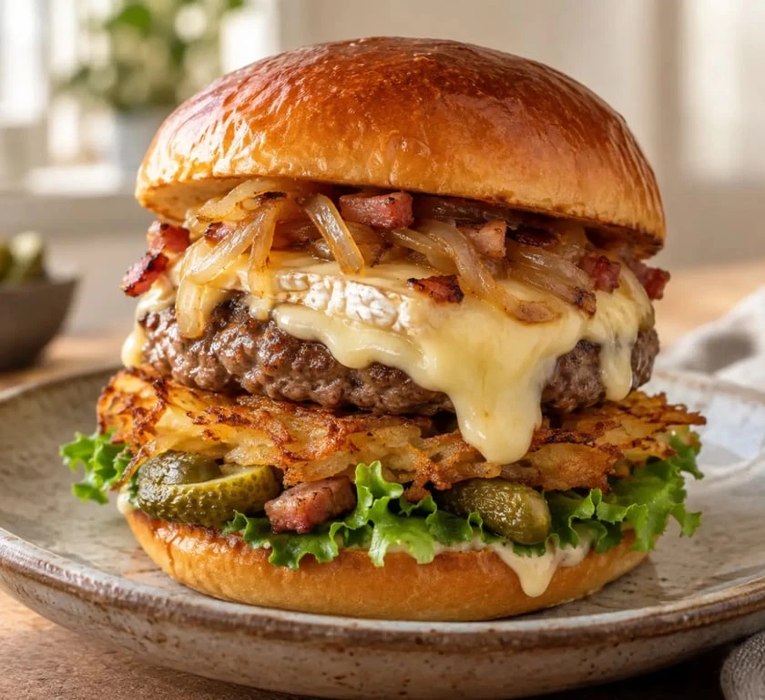 Burger tartiflette au reblochon avec rösti croustillant et lardons dorés