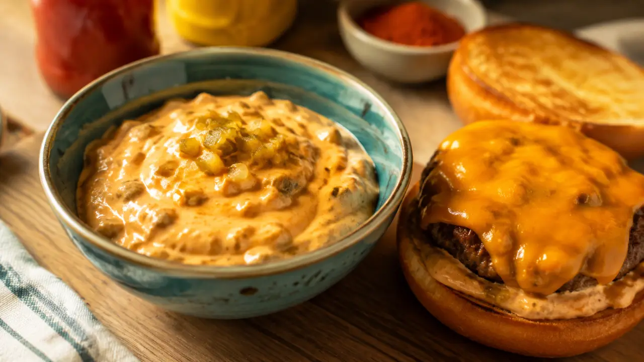 Sauce hamburger maison onctueuse aux cornichons, bol sur table en bois