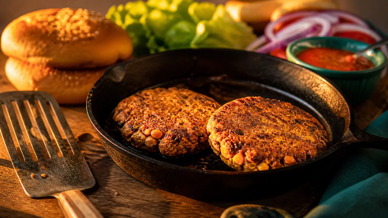 Steak végétal maison d’1 cm doré et moelleux, poêle en fonte