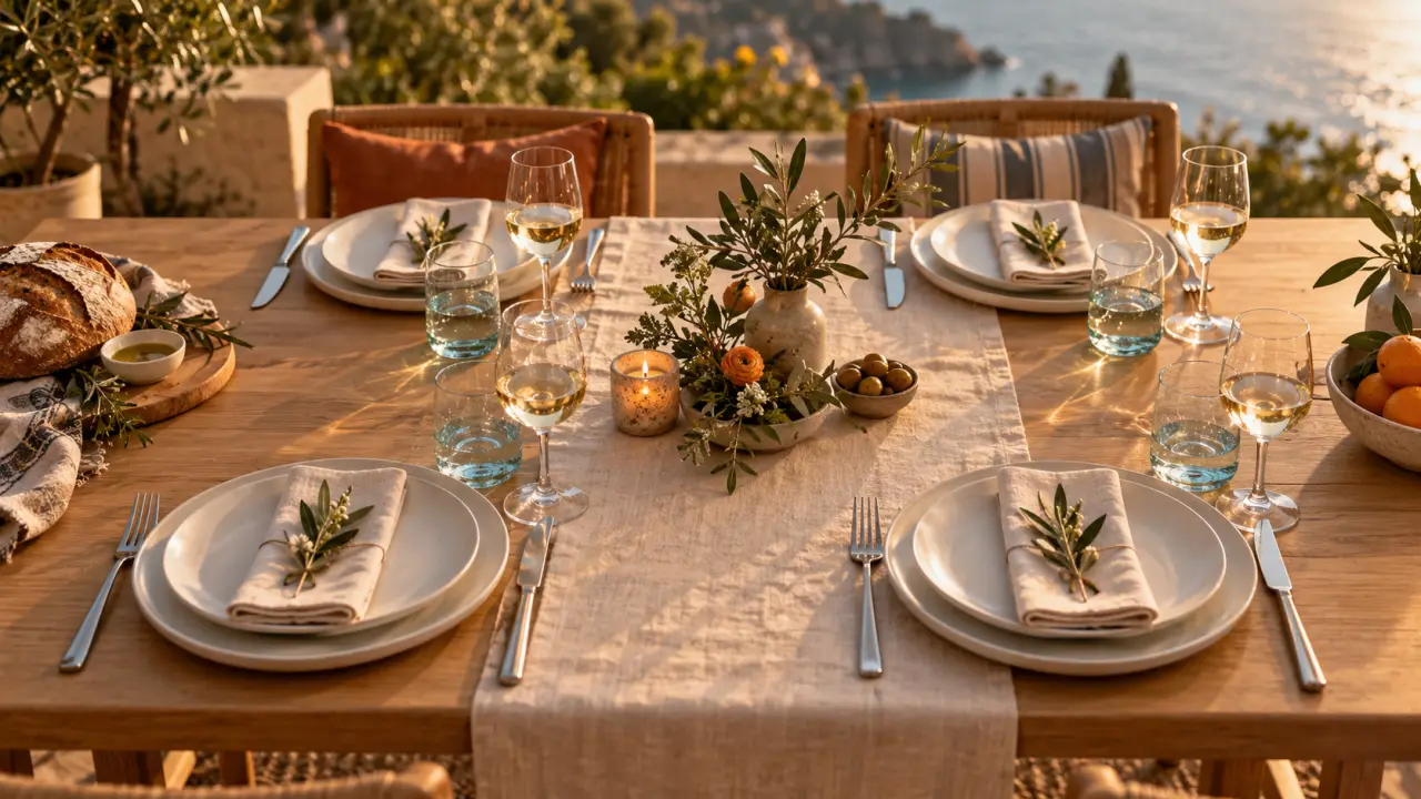 Dressage des tables : table dressée pour quatre au coucher du soleil
