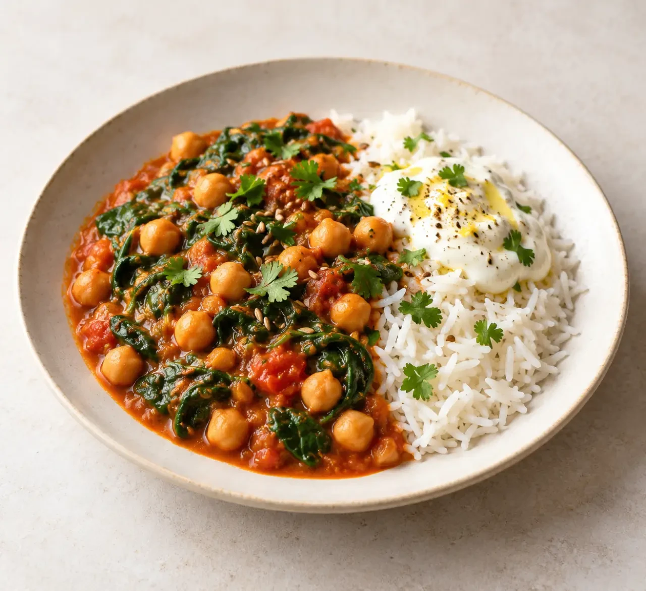 Recette saine de curry de pois chiches aux épinards avec riz et yaourt