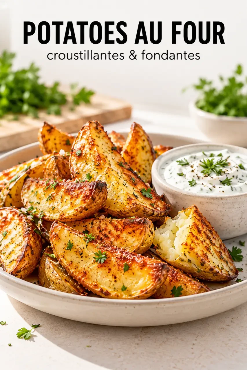 Potato au four croustillante et fondante servie avec une sauce aux herbes