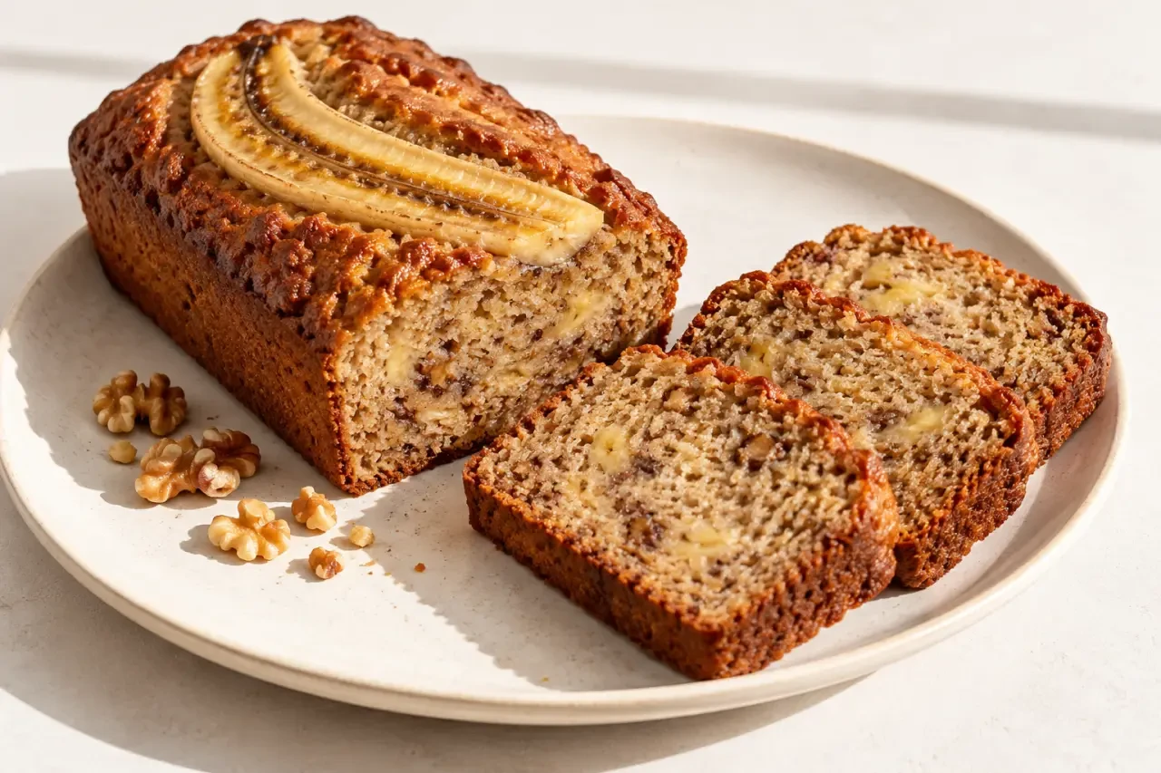Banana bread sans beurre sans sucre ajouté, tranché avec une mie tendre et une banane mûre sur le dessus