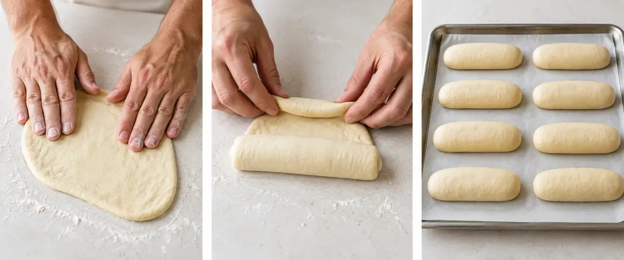 Étapes de façonnage d'un pain à hot dog maison avant la seconde levée