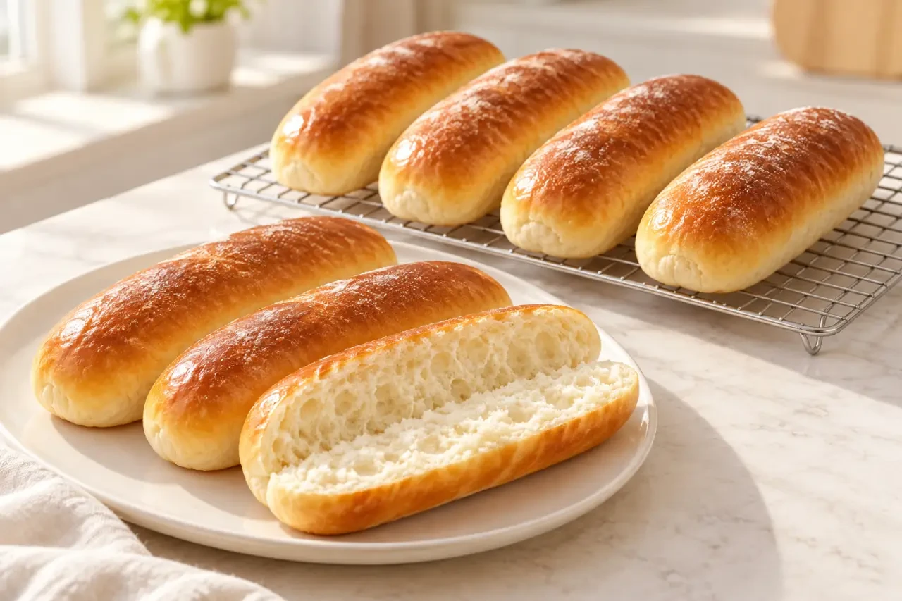 Pain à hot dog maison moelleux fraîchement cuit, avec mie tendre et croûte dorée