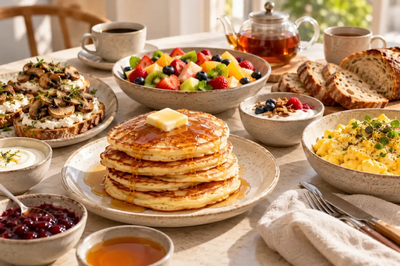 Recette brunch maison avec pancakes, œufs brouillés, tartines et fruits frais